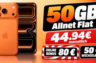 iPhone 17 Pro für einmalig 249€ mit 50GB Allnet Flatrate und 80€ Cashback nur 44.94 Euro monatlich