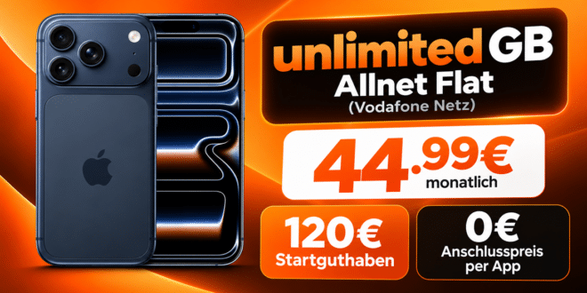 iPhone 17 Pro für einmalig 289€ mit Vodafone unlimited Allnet Flat & 120€ Startguthaben nur 44.99€ monatlich