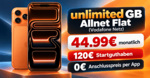 iPhone 17 Pro für einmalig 309€ mit unlimited Allnet Flat & 120€ Startguthaben nur 44.99€ monatlich