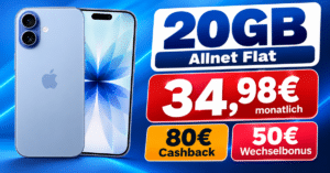 iPhone 17 für einmalig 119€ mit 20GB Allnet Flat & 50€ Wechselbonus & 80€ Cashback nur 34.98€ monatlich