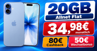 iPhone 17 für einmalig 119€ mit 20GB Allnet Flat & 50€ Wechselbonus & 80€ Cashback nur 34.98€ monatlich