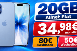 iPhone 17 für einmalig 119€ mit 20GB Allnet Flat & 50€ Wechselbonus & 80€ Cashback nur 34.98€ monatlich