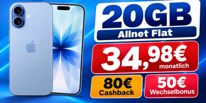 iPhone 17 für einmalig 119€ mit 20GB Allnet Flat & 50€ Wechselbonus & 80€ Cashback nur 34.98€ monatlich