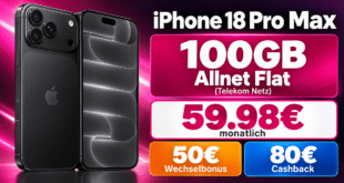 iPhone 18 Pro Max für einmalig 479€ mit 100GB Allnet Flat & 50€ Wechselbonus & 80€ Cashback für 59.98€ monatlich