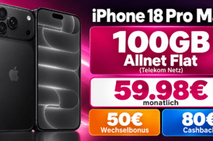 iPhone 18 Pro Max für einmalig 479€ mit 100GB Allnet Flat & 50€ Wechselbonus & 80€ Cashback für 59.98€ monatlich