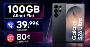 Samsung Galaxy S26 Ultra für einmalig 129€ mit 100GB Allnet Flat und 80€ Cashback nur 39.99€ monatlich