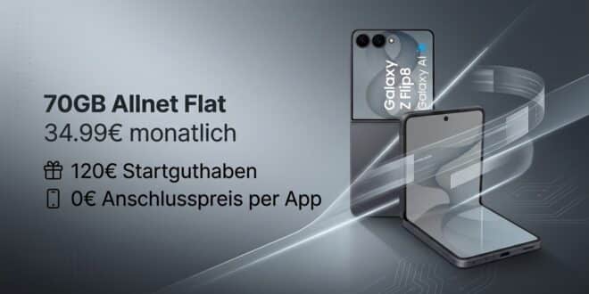 Samsung Galaxy Z Flip 8 für einmalig 69€ mit 70GB Allnet Flat & 120€ Startguthaben nur 34.99€ monatlich