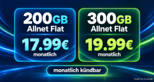 monatlich kündbar - 200GB Allnet Flat nur 17.99€ und 300GB Allnet Flat nur 19.99€ monatlich