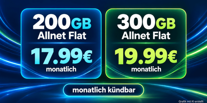monatlich kündbar - 200GB Allnet Flat nur 17.99€ und 300GB Allnet Flat nur 19.99€ monatlich