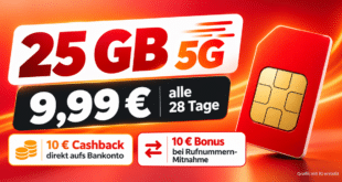 25GB Prepaid für 9.99 € im Vodafone-Netz – kostenlose SIM und bis zu 20 € Bonus!