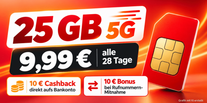 25GB Prepaid für 9.99 € im Vodafone-Netz – kostenlose SIM und bis zu 20 € Bonus!