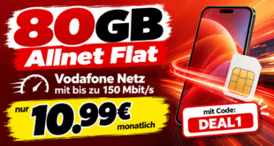 Monatlich kündbar – 80GB Allnet Flat mit Code für nur 10.99€ monatlich – 0€ Anschlusspreis
