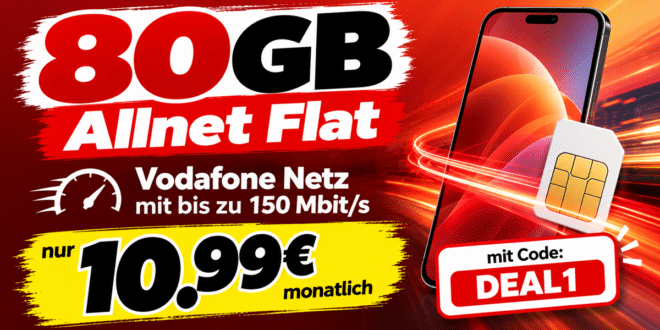Monatlich kündbar – 80GB Allnet Flat mit Code für nur 10.99€ monatlich – 0€ Anschlusspreis
