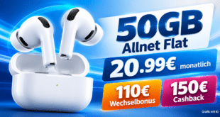 AirPods Pro 3 mit 50GB Allnet Flat & 110€ Wechselbonus & 150€ Cashback nur 20.99€ monatlich