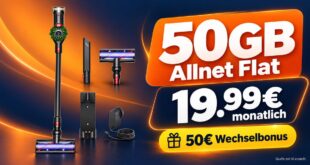 Dyson V8 Cyclone Stiel- und Handstaubsauger (2-in-1) für einmalig 40€ mit 50GB Allnet Flat & 50€ Wechselbonus nur 19.99€ monatlich