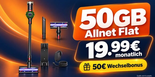 Dyson V8 Cyclone Stiel- und Handstaubsauger (2-in-1) für einmalig 40€ mit 50GB Allnet Flat & 50€ Wechselbonus nur 19.99€ monatlich