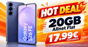 Samsung Galaxy S26 FE für einmalig 49€ mit 20GB Allnet Flat nur 17.99€ monatlich