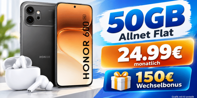 Honor 600 & Earbuds X7 Lite für einmalig 39€ mit 50GB Allnet Flat und 150€ Wechselbonus nur 24.99€ monatlich