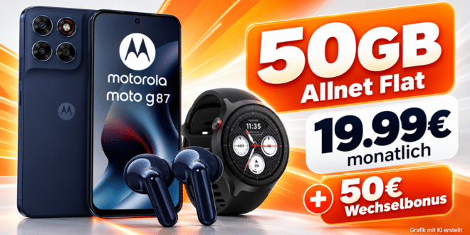 Motorola Moto G87 & Moto Buds 2 Plus & Moto Watch mit 50GB Allnet Flat & 50€ Wechselbonus nur 19.99€ monatlich