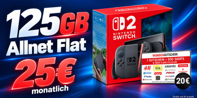 Nintendo Switch 2 mit 125GB Allnet Flat & 20€ Wunschgutschein für 25€ monatlich