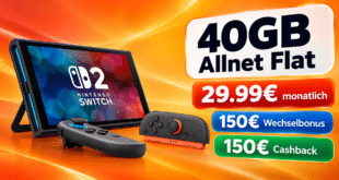 Nintendo Switch 2 für einmalig 49.95€ mit 40GB Allnet Flat & 150€ Rufnummermitnahmebonus & 150€ Cashback nur 29.99€ monatlich