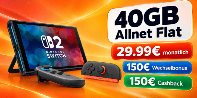 Nintendo Switch 2 für einmalig 49.95€ mit 40GB Allnet Flat & 150€ Rufnummermitnahmebonus & 150€ Cashback nur 29.99€ monatlich