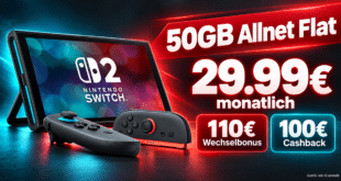 Nintendo Switch 2 mit austauschbarem Akku mit 50GB Allnet Flat & 110€ Wechselbonus & 100€ Cashback nur 29.99€ monatlich