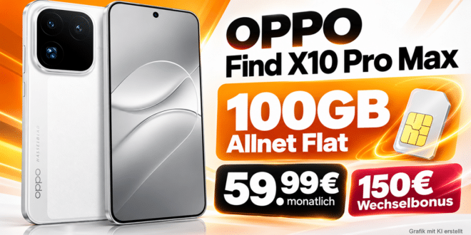 OPPO Find X10 Pro Max mit Vertrag - 512GB einmalig 480€ mit 100GB Allnet Flat & 150€ Wechselbonus für 59.99€ monatlich