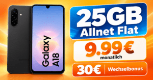 Samsung Galaxy A18 für einmalig 29€ mit 25GB Allnet Flat & 30€ Wechselbonus nur 9.99€ monatlich