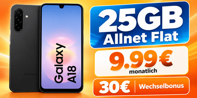 Samsung Galaxy A18 für einmalig 29€ mit 25GB Allnet Flat & 30€ Wechselbonus nur 9.99€ monatlich