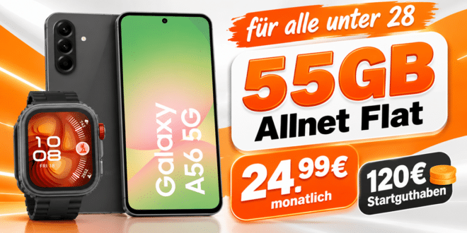 Für alle unter 28 - Samsung Galaxy A56 & HUAWEI Watch Fit 4 Pro mit 55GB Allnet Flat & 120€ Startguthaben nur 24.99€ monatlich
