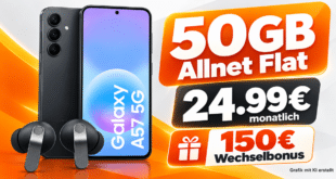 Samsung Galaxy A57 & Buds 4 Pro für einmalig 169€ mit 50GB Allnet Flat & 150€ Wechselbonus für 24.99€ monatlich