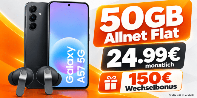 Samsung Galaxy A57 & Buds 4 Pro für einmalig 169€ mit 50GB Allnet Flat & 150€ Wechselbonus für 24.99€ monatlich