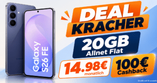 Samsung Galaxy S26 FE für einmalig 119€ mit 20GB Allnet Flat & 100€ Cashback nur 14.98€ monatlich
