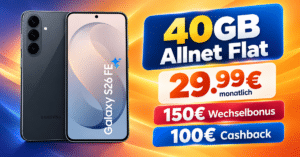 Samsung Galaxy S26 FE 256GB für einmalig 192€ mit 40GB Allnet Flat & 150€ Rufnummermitnahmebonus & 100€ Cashback nur 29.99€ monatlich