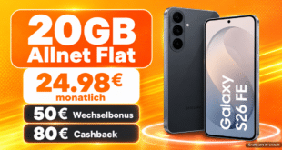 Samsung Galaxy S26 FE für einmalig 49€ mit 20GB Allnet Flat und 50€ Wechselbonus & 80€ Cashback für nur 24.98€ monatlich