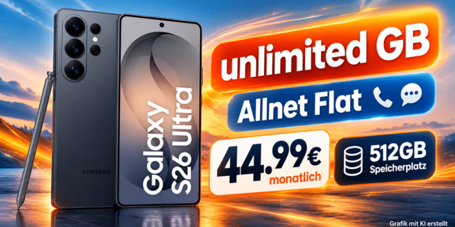 Samsung Galaxy S26 Ultra 512GB für einmalig 129€ mit o2 unlimited Allnet Flat nur 44.99€ monatlich