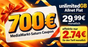 o2 unlimited GB Allnet Flat mit 700€ MediaMarkt-Saturn Coupon nur 29.99€ monatlich