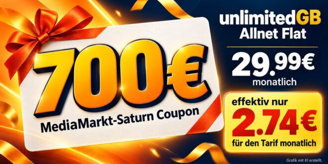 o2 unlimited GB Allnet Flat mit 700€ MediaMarkt-Saturn Coupon nur 29.99€ monatlich