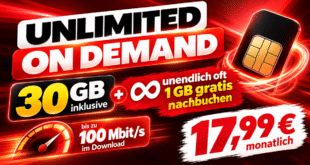 Unlimited on Demand Deal: 30GB Allnet Flat + unbegrenzt 1GB gratis nachbuchen nur 17.99€ monatlich