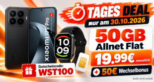 Xiaomi 17T Pro mit Gutscheincode für einmalig 100€ mit 50GB Allnet Flat & 50€ Wechselbonus & Watch Active 6 nur 19.99€ monatlich
