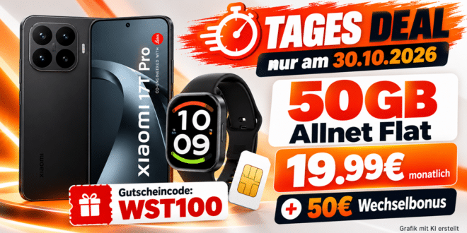 Xiaomi 17T Pro mit Gutscheincode für einmalig 100€ mit 50GB Allnet Flat & 50€ Wechselbonus & Watch Active 6 nur 19.99€ monatlich
