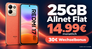 Xiaomi Redmi 17 mit 25GB Allnet Flat & 30€ Wechselbonus nur 14.99€ monatlich