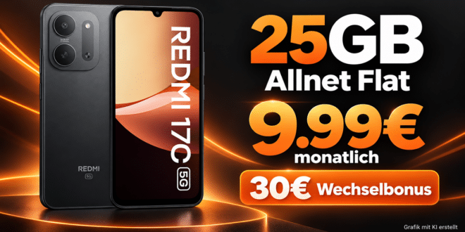 Xiaomi Redmi 17C 5G für einmalig 40€ mit 25GB Allnet Flat & 30€ Wechselbonus nur 9.99€ monatlich
