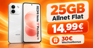 Xiaomi Redmi Note 17 Pro Max für einmalig 69€ mit 25GB Allnet Flat & 30€ Wechselbonus nur 14.99€ monatlich