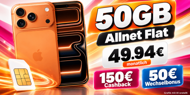 iPhone 17 Pro für einmalig 219€ mit 50GB Allnet Flat & 150€ Cashback & 50€ Wechselbonus nur 49.94 Euro monatlich