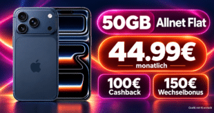 iPhone 17 Pro für einmalig 379€ mit 50GB Allnet Flat & 150€ Wechselbonus und 100€ Cashback nur 44.99€ monatlich