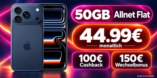 iPhone 17 Pro für einmalig 379€ mit 50GB Allnet Flat & 150€ Wechselbonus und 100€ Cashback nur 44.99€ monatlich