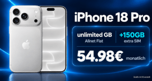 iPhone 18 Pro für einmalig 299€ mit o2 unlimited Allnet Flat (+150GB extra SIM) für 54.98€ monatlich