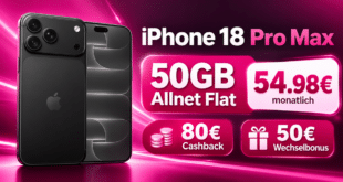 iPhone 18 Pro Max für einmalig 299€ mit 50GB Allnet Flat & 50€ Wechselbonus und 80€ Cashback nur 54.98€ monatlich